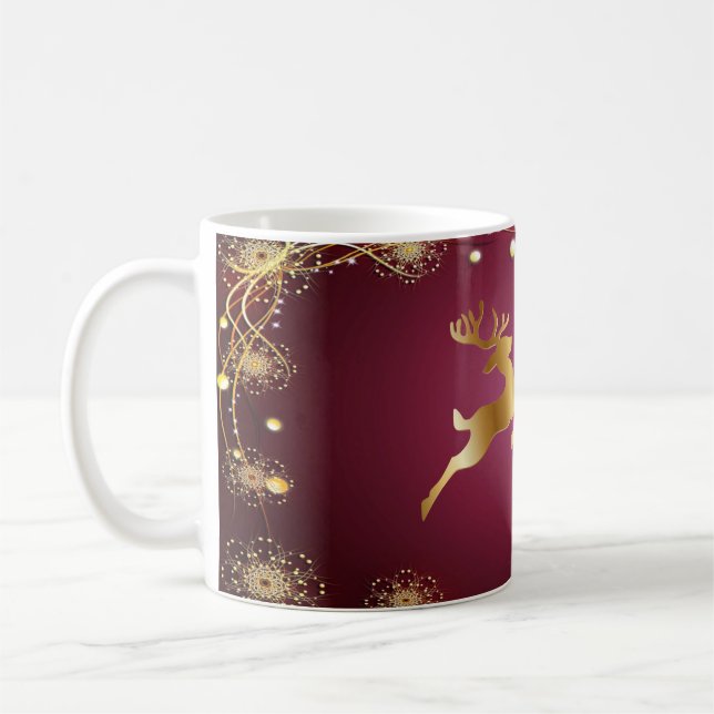 Christmas Party Golden Reindeers Red Pink Elegant Coffee Mug (Left)