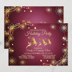 Christmas Party Golden Reindeers Red Pink Elegant Invitation
