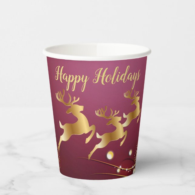Christmas Party Golden Reindeers Red Pink Elegant Paper Cups (Left)