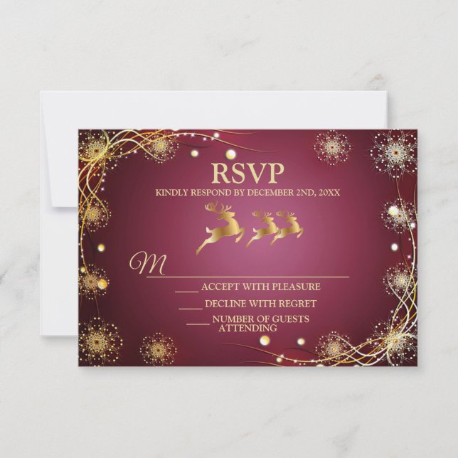 Christmas Party Golden Reindeers Red Pink Elegant RSVP Card (Front)