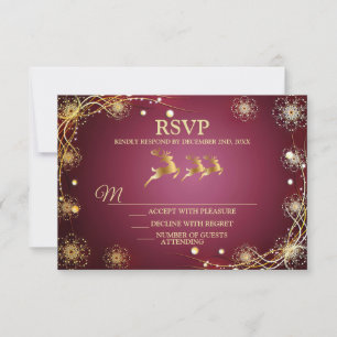 Christmas Party Golden Reindeers Red Pink Elegant RSVP Card