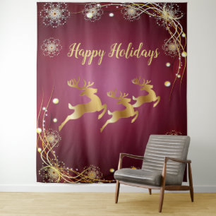 Christmas Party Golden Reindeers Red Pink Elegant Tapestry