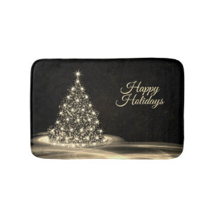 Christmas Party Golden Shiny Tree Winter Black Bath Mat