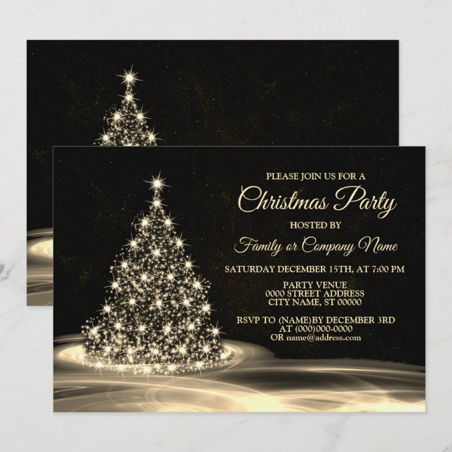 Christmas Party Golden Shiny Tree Winter Black Invitation (Front/Back)