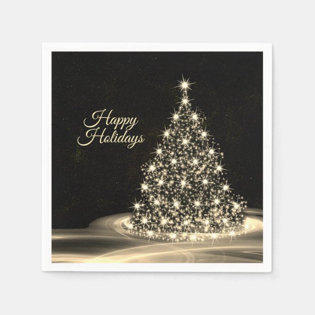 Christmas Party Golden Shiny Tree Winter Black Napkin (Front)