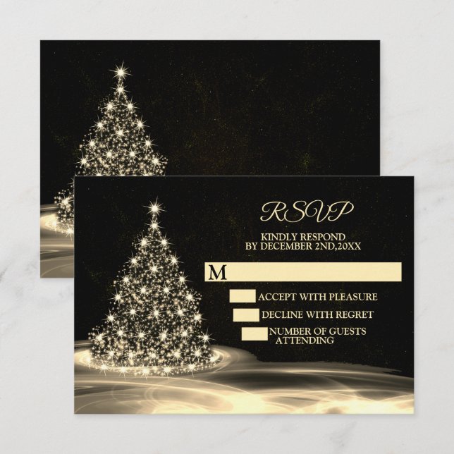 Christmas Party Golden Shiny Tree Winter Black RSVP Card (Front/Back)