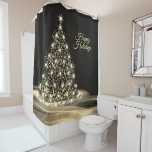Christmas Party Golden Shiny Tree Winter Black Shower Curtain