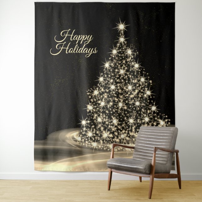 Christmas Party Golden Shiny Tree Winter Black Tapestry (In Situ)