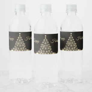 Christmas Party Golden Shiny Tree Winter Black Water Bottle Label