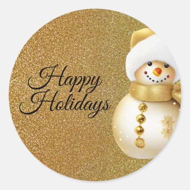 Christmas Party Golden Snowman Snowflakes Holidays Classic Round Sticker (Front)