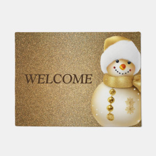 Christmas Party Golden Snowman Snowflakes Holidays Doormat