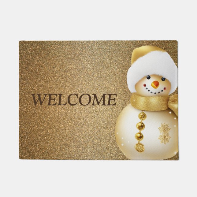 Christmas Party Golden Snowman Snowflakes Holidays Doormat (Front)