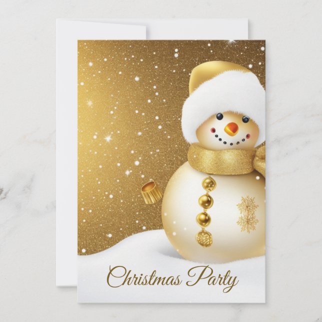 Christmas Party Golden Snowman Snowflakes Holidays Invitation (Front)