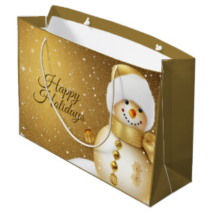 Christmas Party Golden Snowman Snowflakes Holidays Large Gift Bag