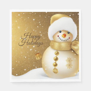 Christmas Party Golden Snowman Snowflakes Holidays Napkin