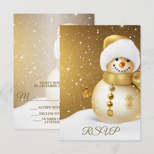 Christmas Party Golden Snowman Snowflakes Holidays RSVP Card (Front/Back)