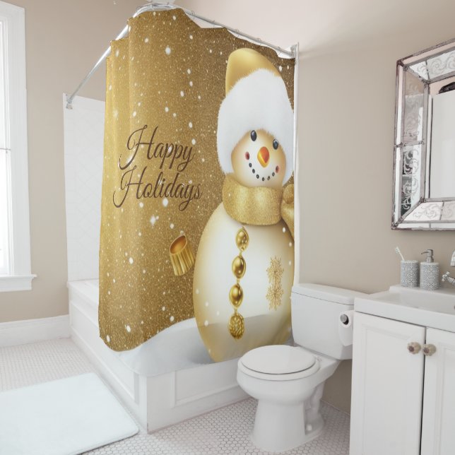 Christmas Party Golden Snowman Snowflakes Holidays Shower Curtain (In Situ)