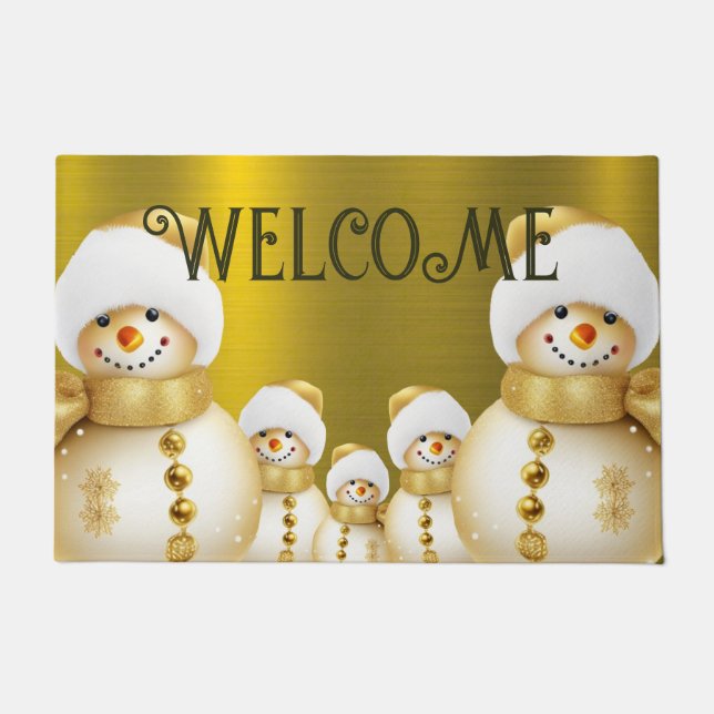 Christmas Party Golden Snowman Winter Holiday Doormat (Front)