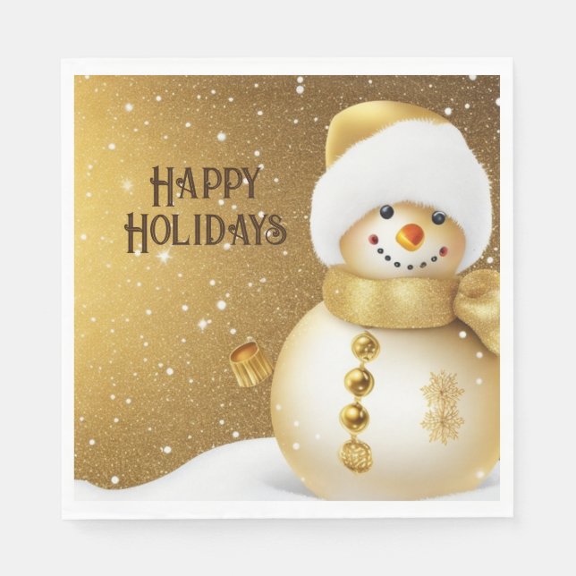 Christmas Party Golden Snowman Winter Holiday Napkin (Front)