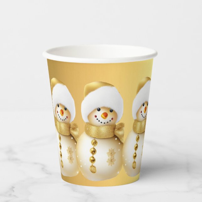 Christmas Party Golden Snowman Winter Holiday Paper Cups (Front)