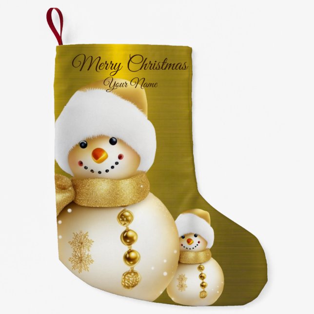 Christmas Party Golden Snowman Winter Holiday Small Christmas Stocking (Front)
