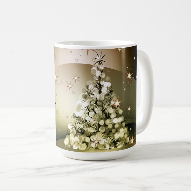 Christmas Party Golden Tree Shiny Sparkle Stars Coffee Mug (Front Right)