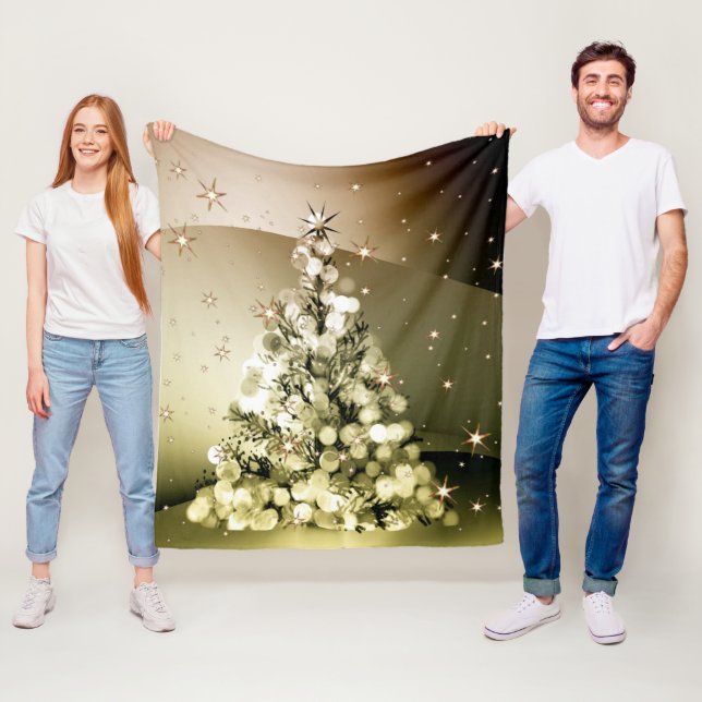 Christmas Party Golden Tree Shiny Sparkle Stars Fleece Blanket (In Situ)