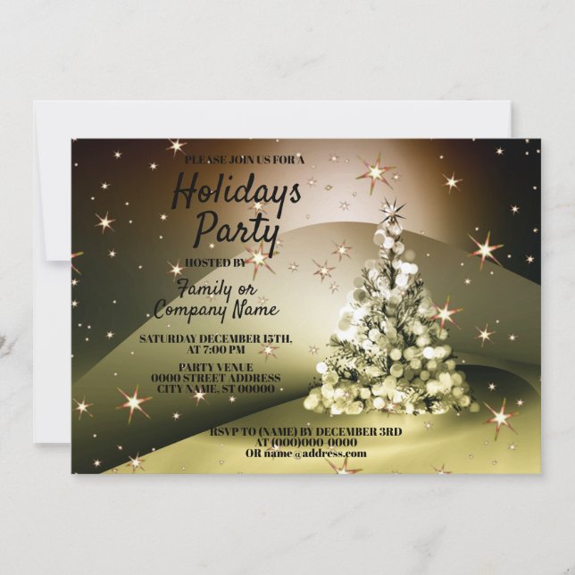 Christmas Party Golden Tree Shiny Sparkle Stars Invitation (Front)