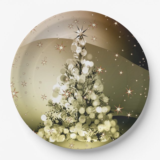 Christmas Party Golden Tree Shiny Sparkle Stars Paper Plate (Front)