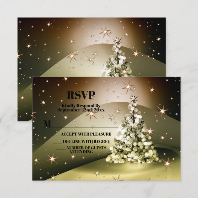 Christmas Party Golden Tree Shiny Sparkle Stars RSVP Card (Front/Back)