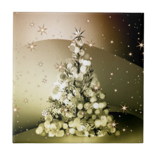 Christmas Party Golden Tree Shiny Sparkle Stars Tile