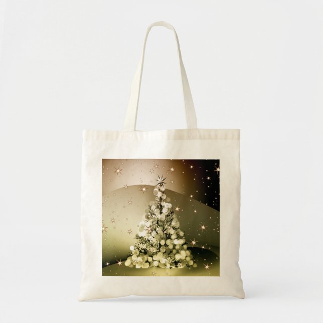 Christmas Party Golden Tree Shiny Sparkle Stars Tote Bag (Front)
