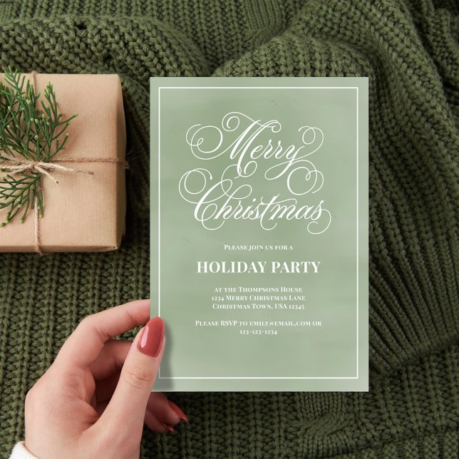 Christmas Party Green Calligraphy Script Invitation (Merry Christmas green watercolor invitation.)