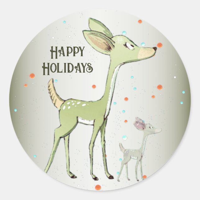 Christmas Party Green Deers Holidays Cute Classic Round Sticker (Front)