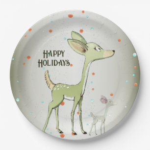 Christmas Party Green Deers Holidays Cute Paper Plate
