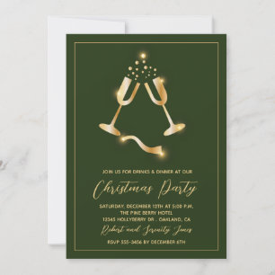 Christmas Party Green Gold Champagne Invitation
