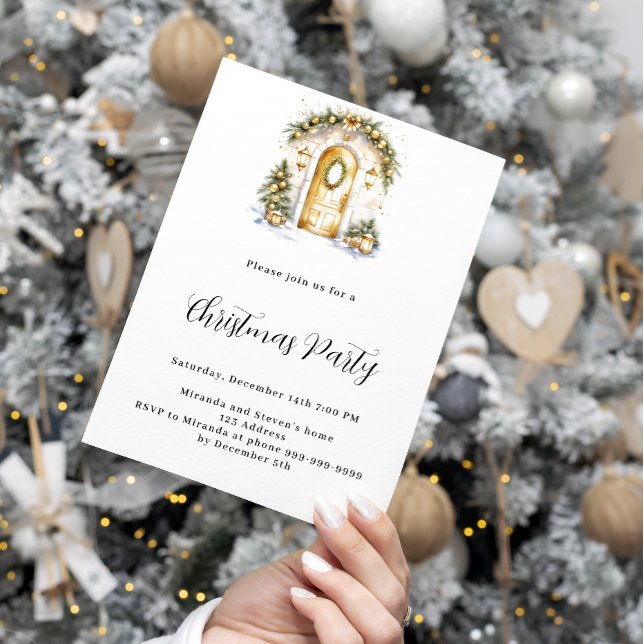 Christmas party green gold tree door white invitation (Creator Uploaded)