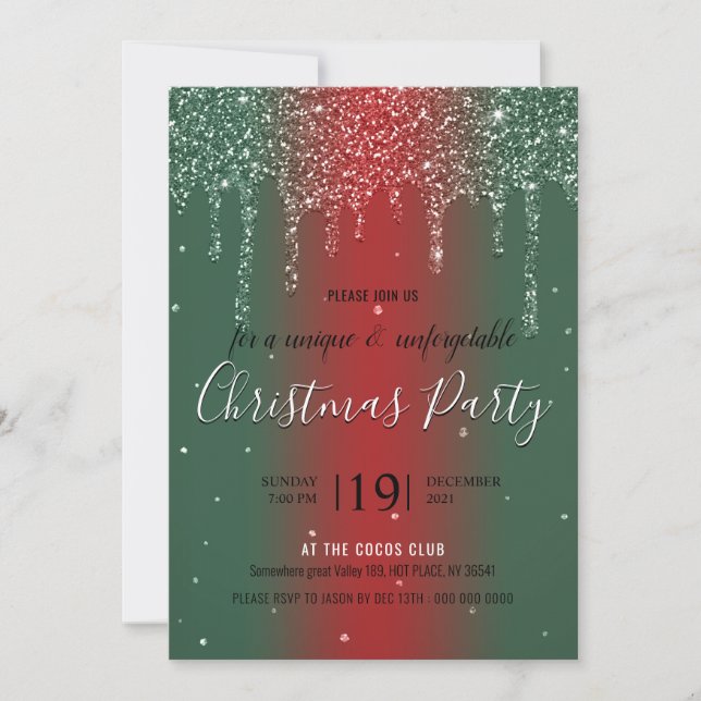 Christmas party green red glitter invitation (Front)