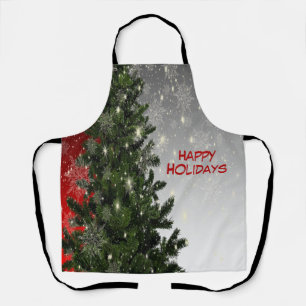 Christmas Party Green Tree Red Silver Snowflakes Apron