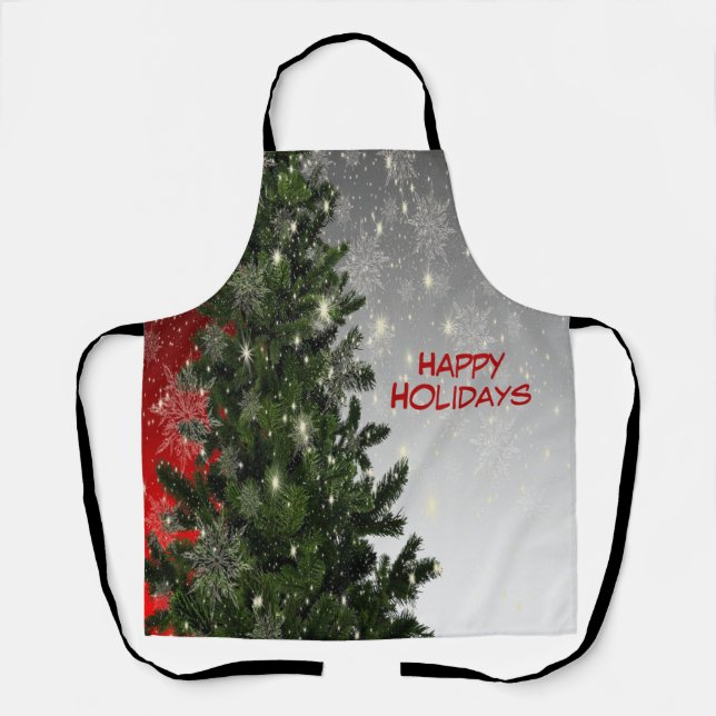 Christmas Party Green Tree Red Silver Snowflakes Apron (Front)