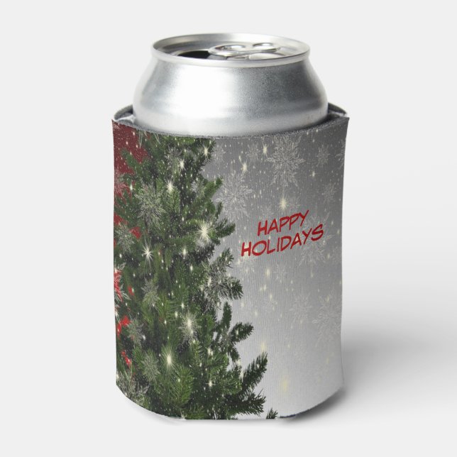 Christmas Party Green Tree Red Silver Snowflakes Can Cooler (Can Front)