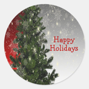 Christmas Party Green Tree Red Silver Snowflakes Classic Round Sticker