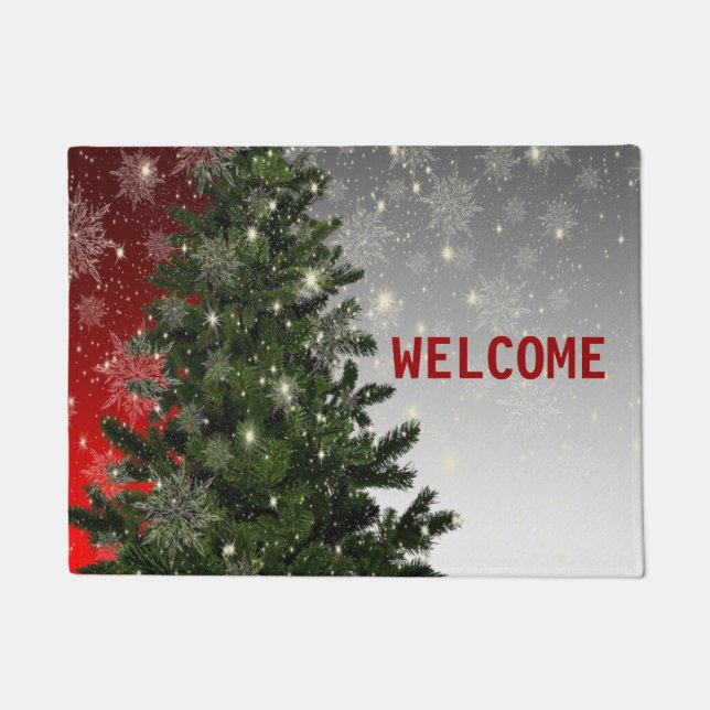 Christmas Party Green Tree Red Silver Snowflakes Doormat (Front)