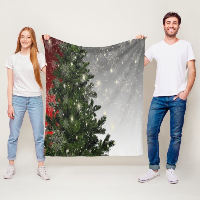 Christmas Party Green Tree Red Silver Snowflakes Fleece Blanket (In Situ)