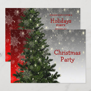 Christmas Party Green Tree Red Silver Snowflakes Invitation