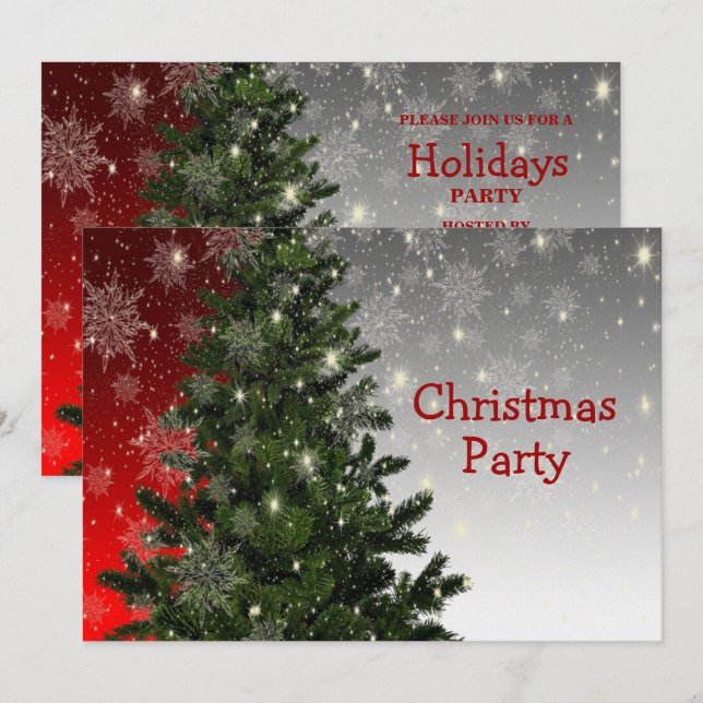 Christmas Party Green Tree Red Silver Snowflakes Invitation (Front/Back)
