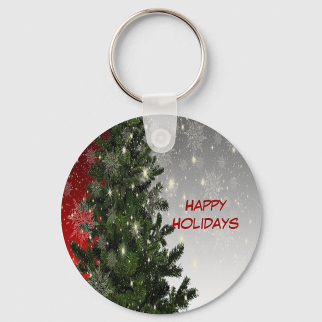 Christmas Party Green Tree Red Silver Snowflakes Key Ring (Front)