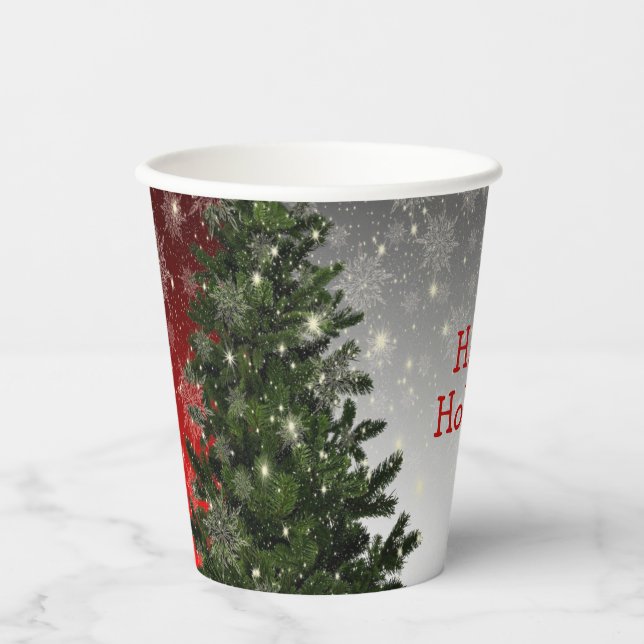 Christmas Party Green Tree Red Silver Snowflakes Paper Cups (Front)