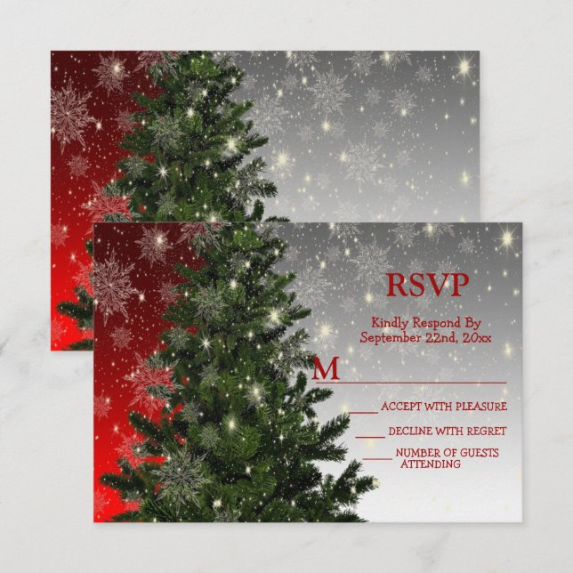 Christmas Party Green Tree Red Silver Snowflakes RSVP Card (Front/Back)
