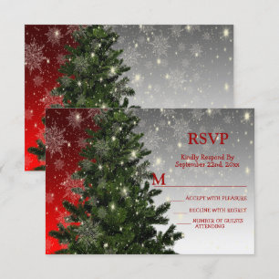 Christmas Party Green Tree Red Silver Snowflakes RSVP Card